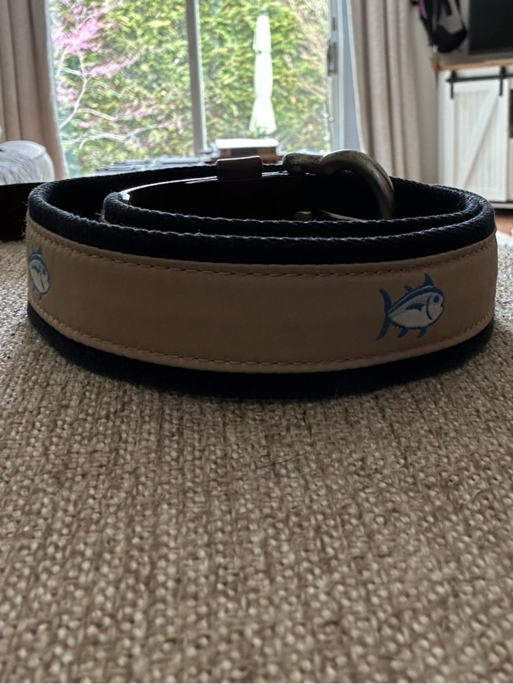 Southern Tide Belt - Navy and Tan Fish Pattern Leather-Trim Youth Belt